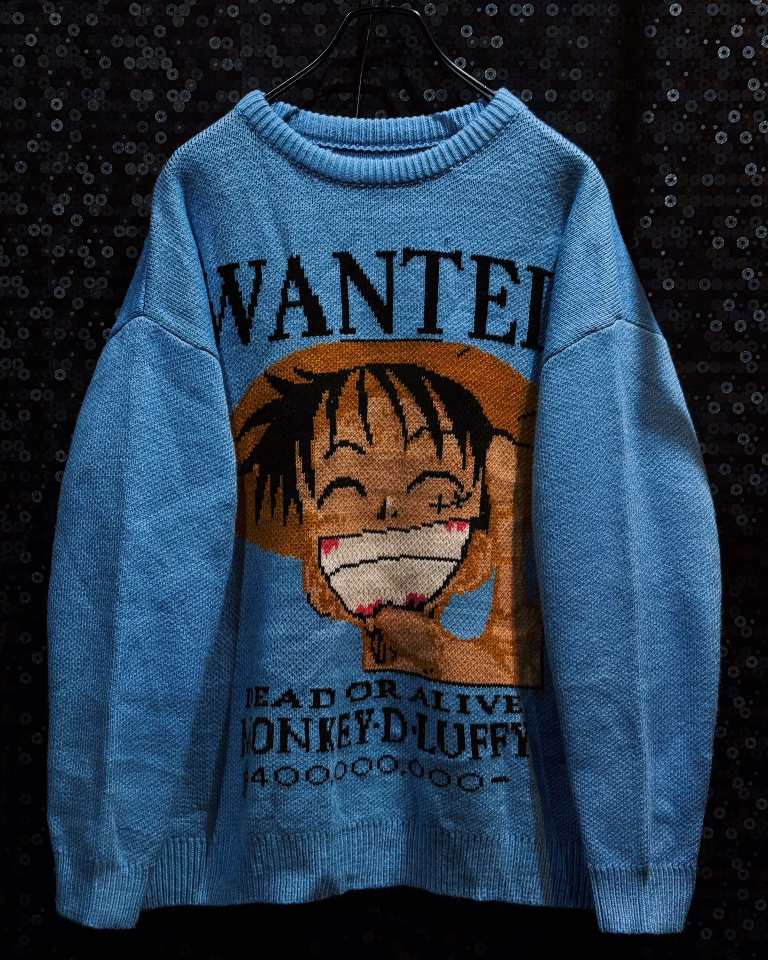 【ÆIEM】ONE PIECE “Monkey D. Luffy” WANTED big graphic light blue crew neck knit