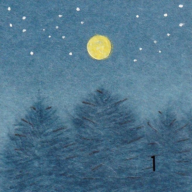 日本画ポスター】夜の森・満月・三日月・流れ星・サンタクロースの日本