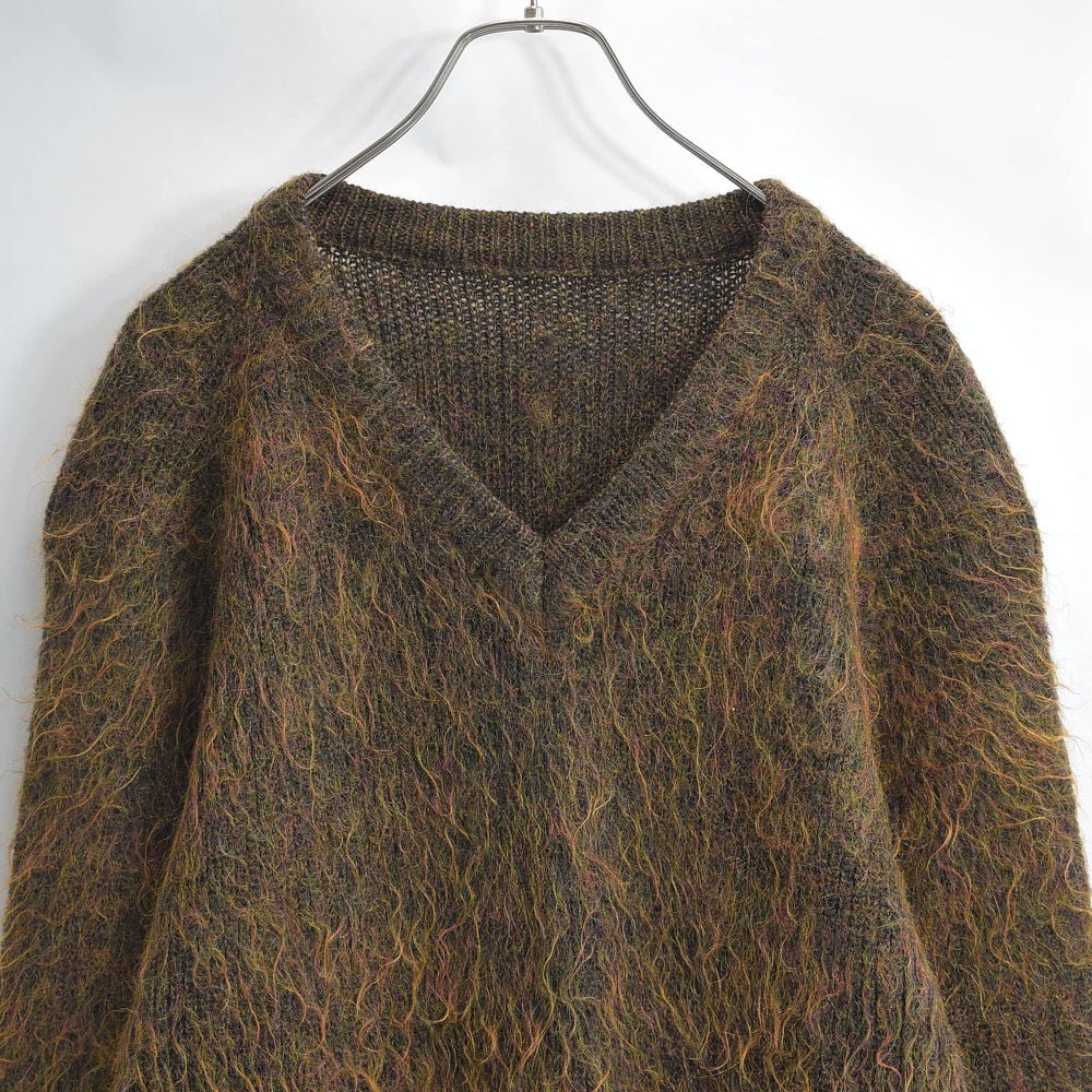 Used Shaggy Knit モヘアタッチ シャギーニット メランジ Vネック セーター プルオーバー ブラウンベース ヴィンテージ ビンテージ 古着 メンズ M~L相当