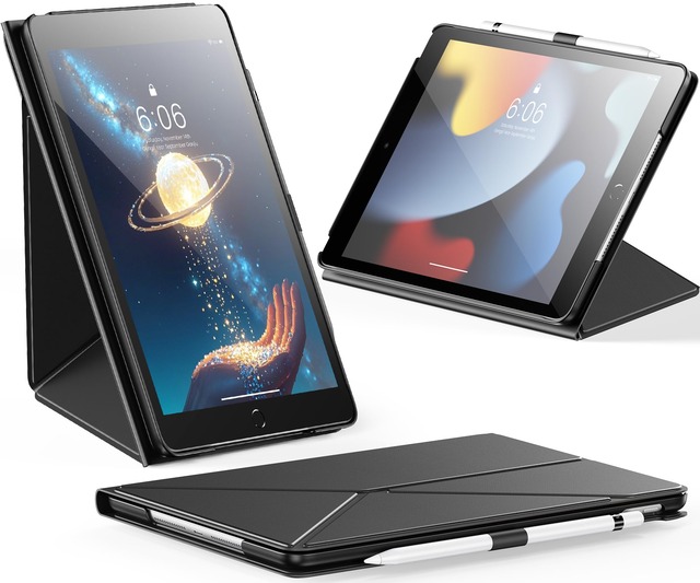 INFILAND iPad 9世代 ケース 第8/7世代 (2021/2020/2019) 対応、10.2インチ用 スリムブックスタイルカバー、横向き&縦向きスタンド機能付き 軽量保護ケース (ブラック)