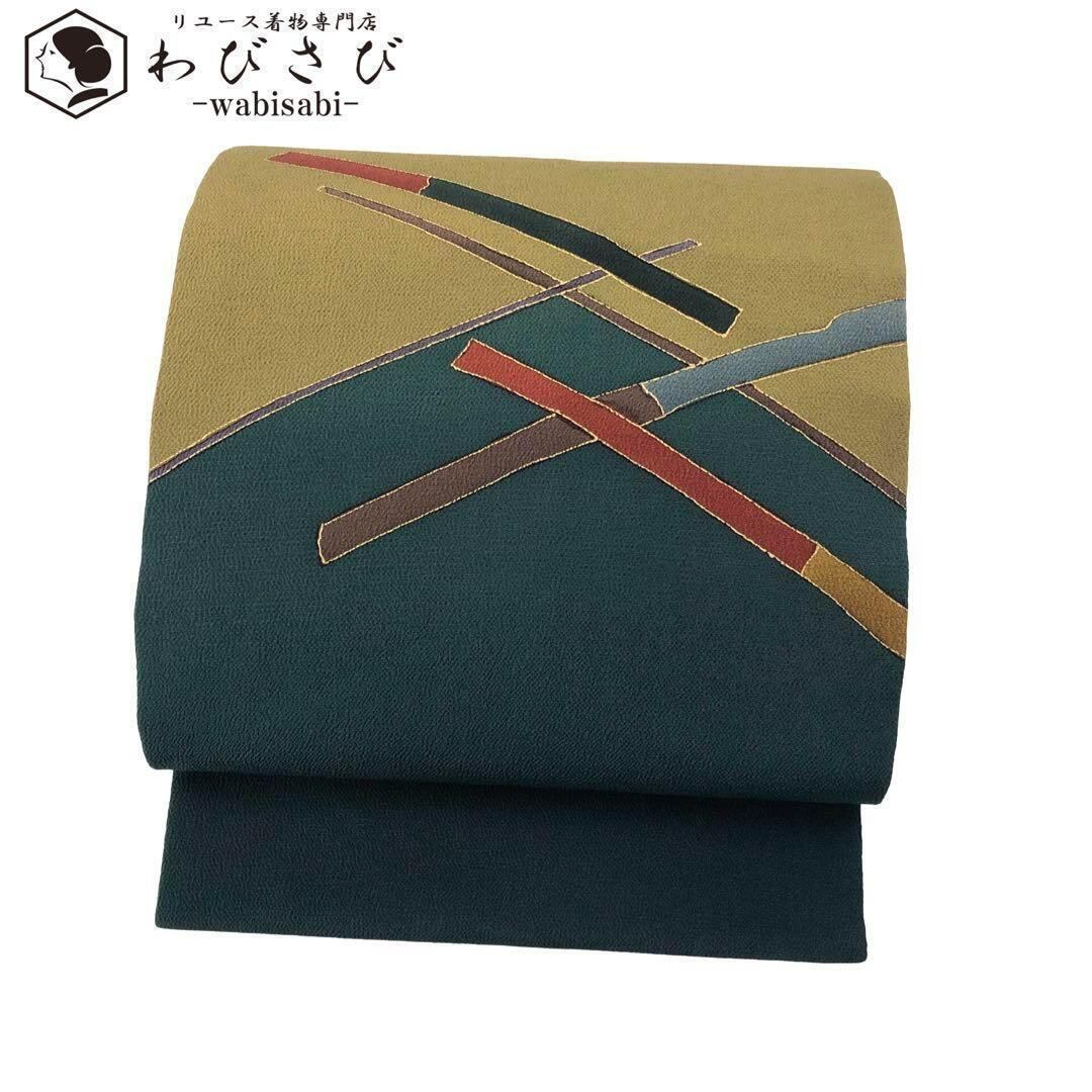 名古屋帯 抽象模様 金彩 縮緬 利休茶色 ガード加工 O-3601 | リユース  