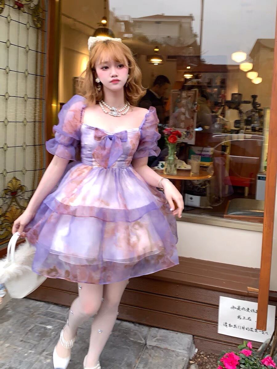 紫 ワンピース ドレス リボン ハート 花柄 ブラウス フラワー