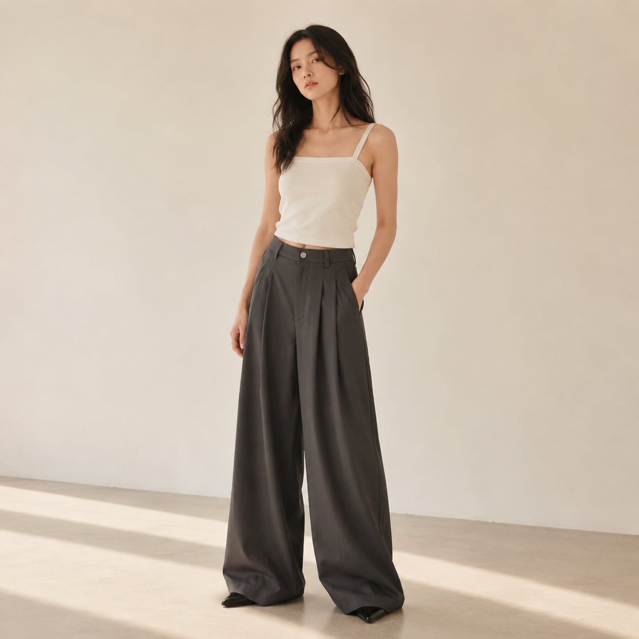 DEEP GRAY WIDE TUCK PANTS
