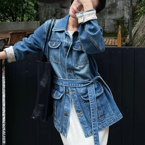 ベルト付き パッチポケット 腰丈 デニムジャケット YH9717