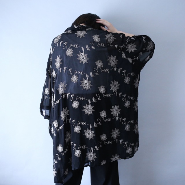 "刺繍" over wide silhouette black mode h/s see-through shirt