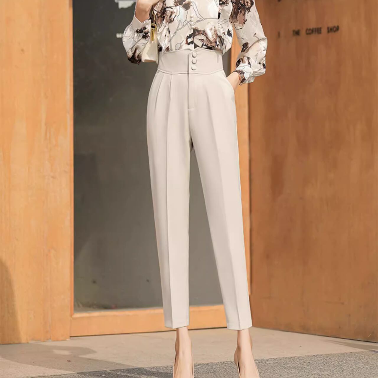 ボタン留め ハイウエスト フルレングス パンツ K1078