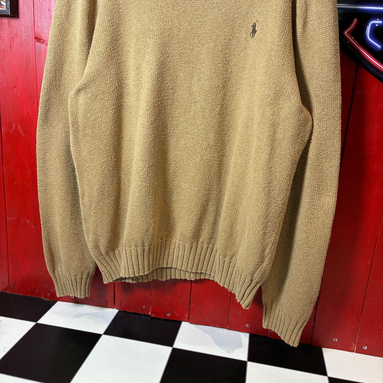 90s Ralph Lauren / コットンニット / ワンポイント刺繍ロゴ / ベージュ / POLO ニット