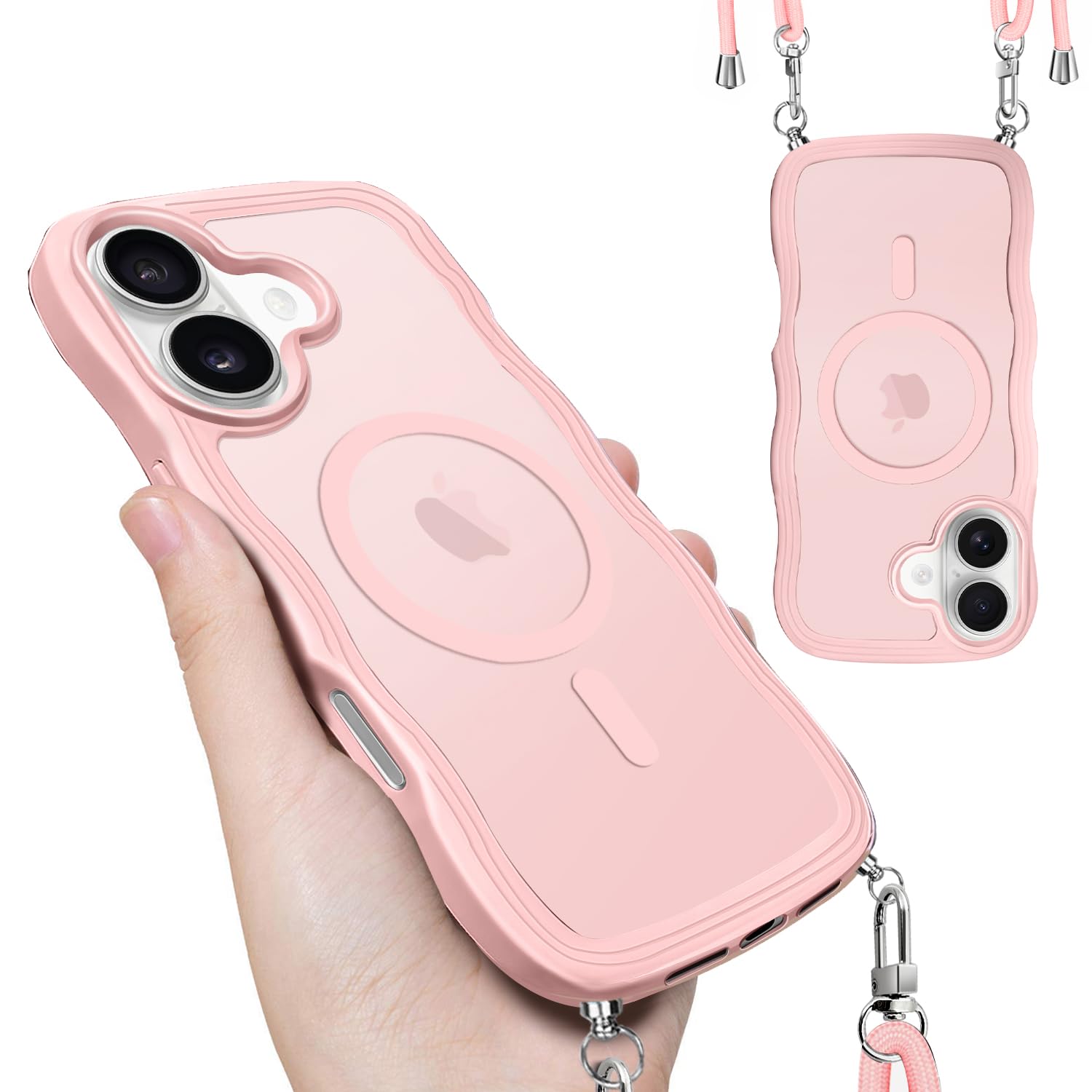 対応 iPhone 16 ケース ストラップ付き ショルダー アイフォン16 カバー Magsafe対応 あいふぉん16 スマホケース 半透明 ピンク