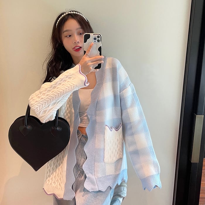 カラー格子柄セーター オータムウィンタースタンダードスタイルニットカーディガントップス レトロ 大人ガーリー スウィート キュート カジュアル 秋物 冬物 1号婦人46471562709