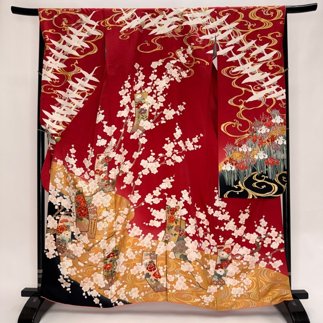 振袖 中古 赤 正絹 古典 裄67.5cm 身丈165cm 美品 L サイズ 成人式 6174