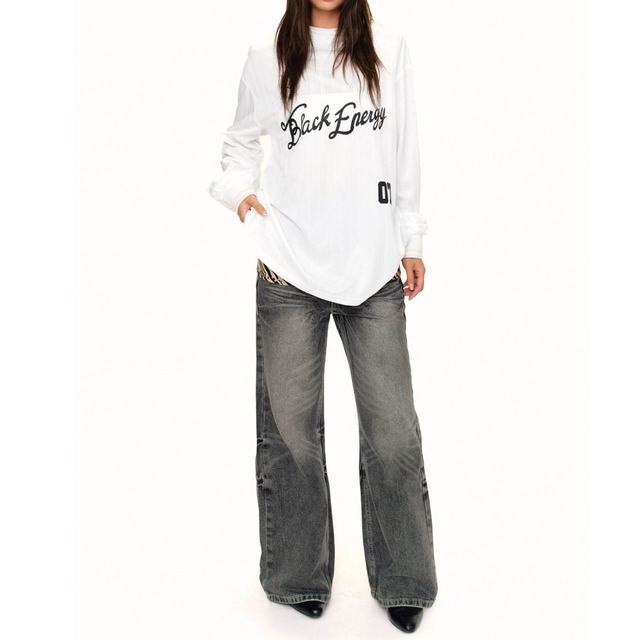 レトロレタリンググラフィックリブテクスチャーロングスリーブTシャツ 2col   R02559