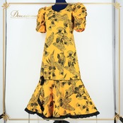 【美品 フラダンス衣装】イエロー T&L MUUMUU FACTORY ワンピース ドレス 黄 黒 ブラック レフア柄 鮮やか 華やか リボン 花柄