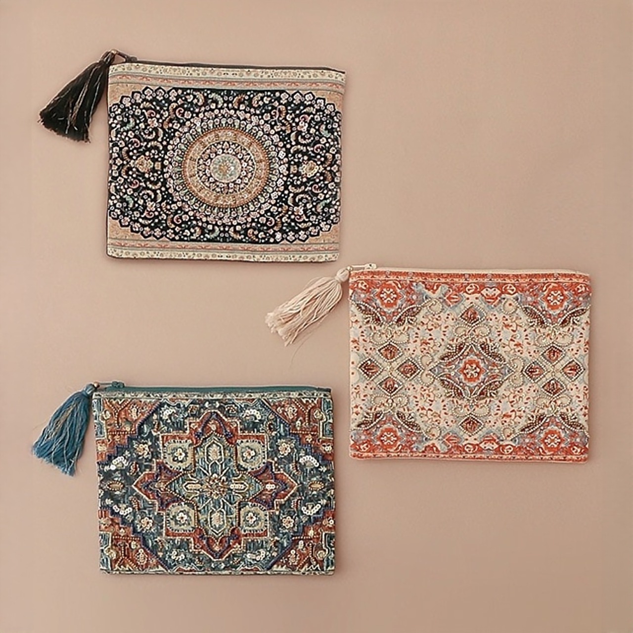 プリント＆ビーズ刺繍 ポーチL 20×15cm ネイビー／ナチュラル／グリーン