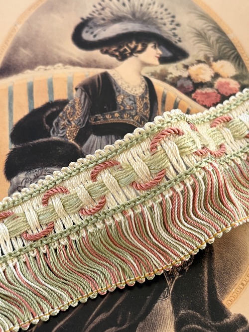 フランスVintage ブレード フリンジブレード アイボリー×ピンク×グリーン系 幅全長４cm カルトナージュ デコレーション材 コレクション