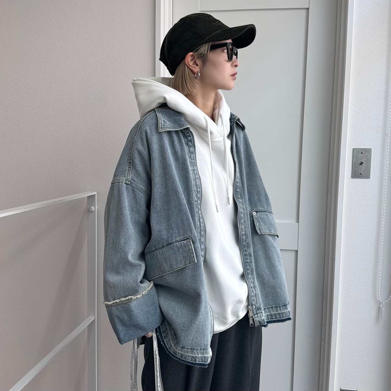 【受注予約：1月下旬入荷予定】W zip フリンジツイルデニムオーバーJK/ブルー