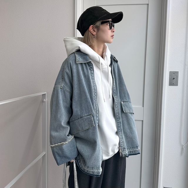 【受注予約：1月下旬入荷予定】W zip フリンジツイルデニムオーバーJK/ブルー