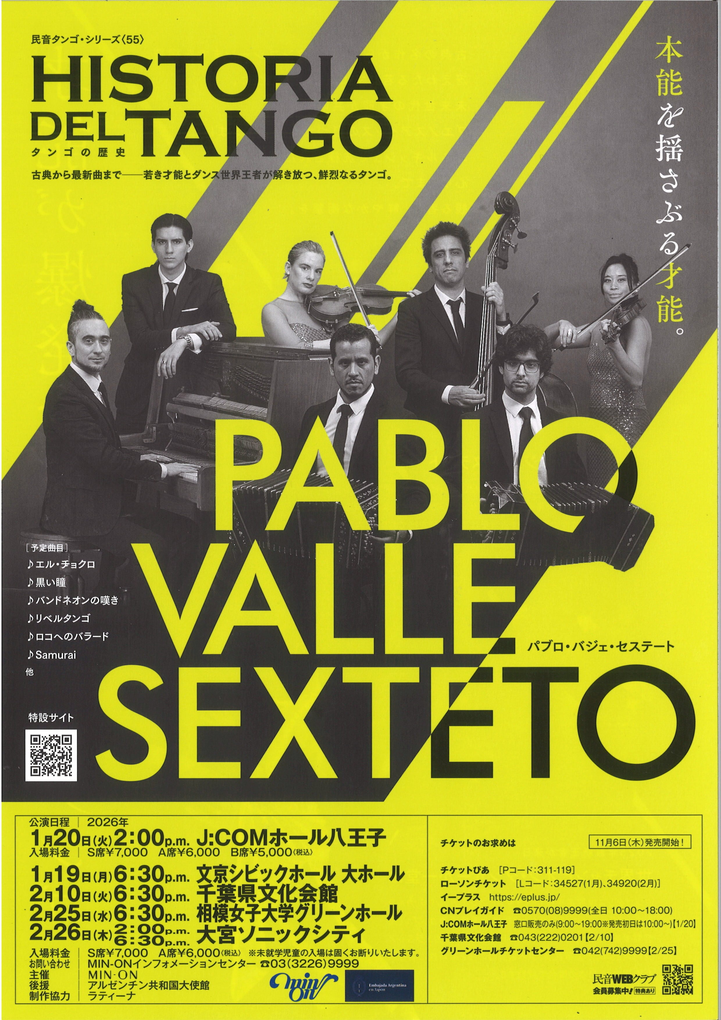 民音タンゴ・シリーズ〈55〉パブロ・バジェ・セステート 東京・八王子公演(1/20昼公演)チケット