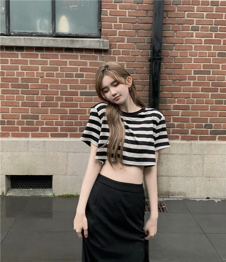 ストライプTシャツ 薄手ショートハイウェストウェストトップス サマースタイル 夏物 ピュア ブラックストロベリース80500919514