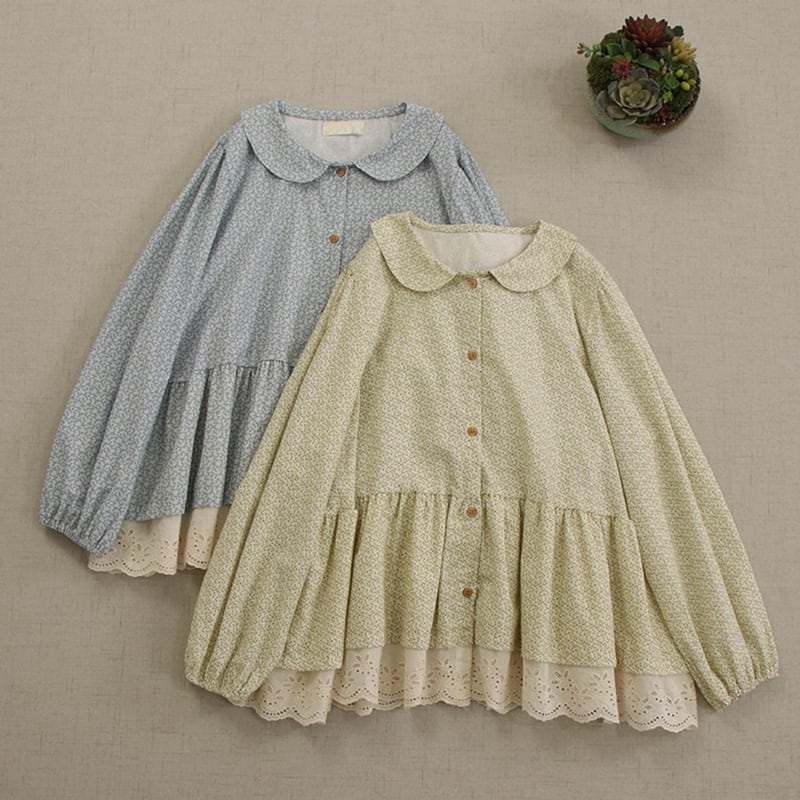 レイヤード花柄デザインラウンドカラーシャツ W1119