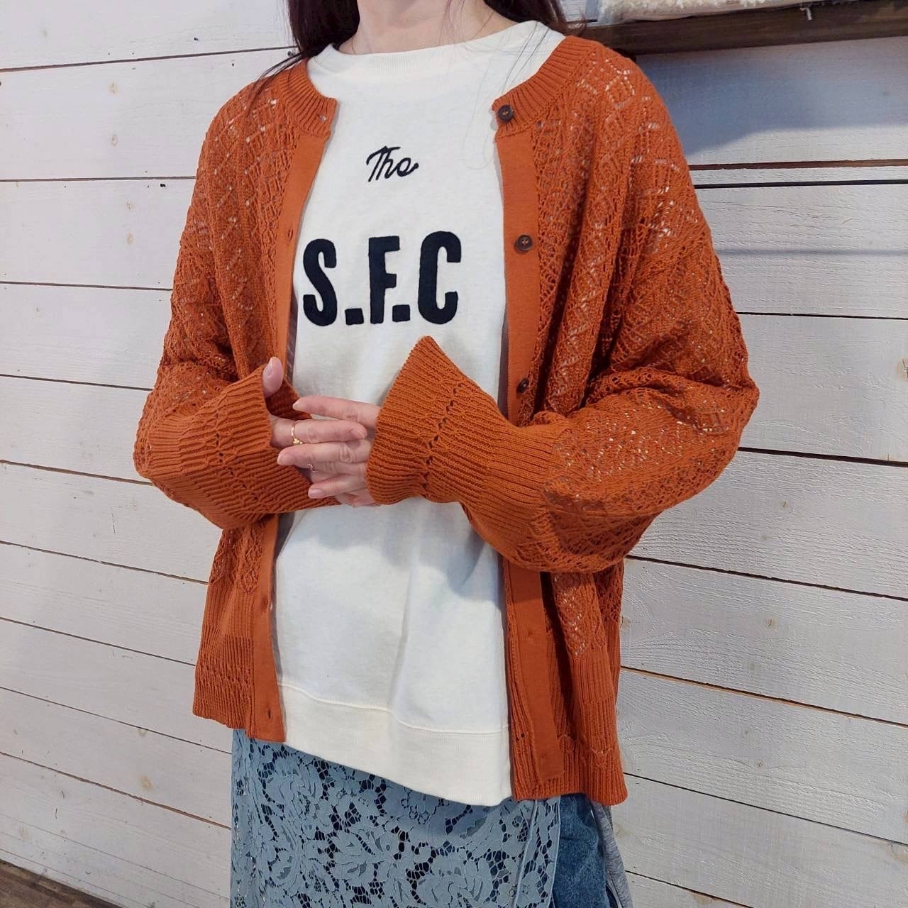 『People's』 2432 透かし編みニット ボタニカル柄 ニット カーディガン　フリーサイズ