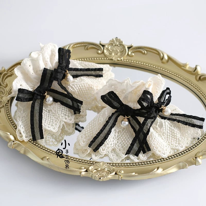 耽美なレースと漆黒リボンが手元を彩る パール付 ハンドカバー(左右セット)