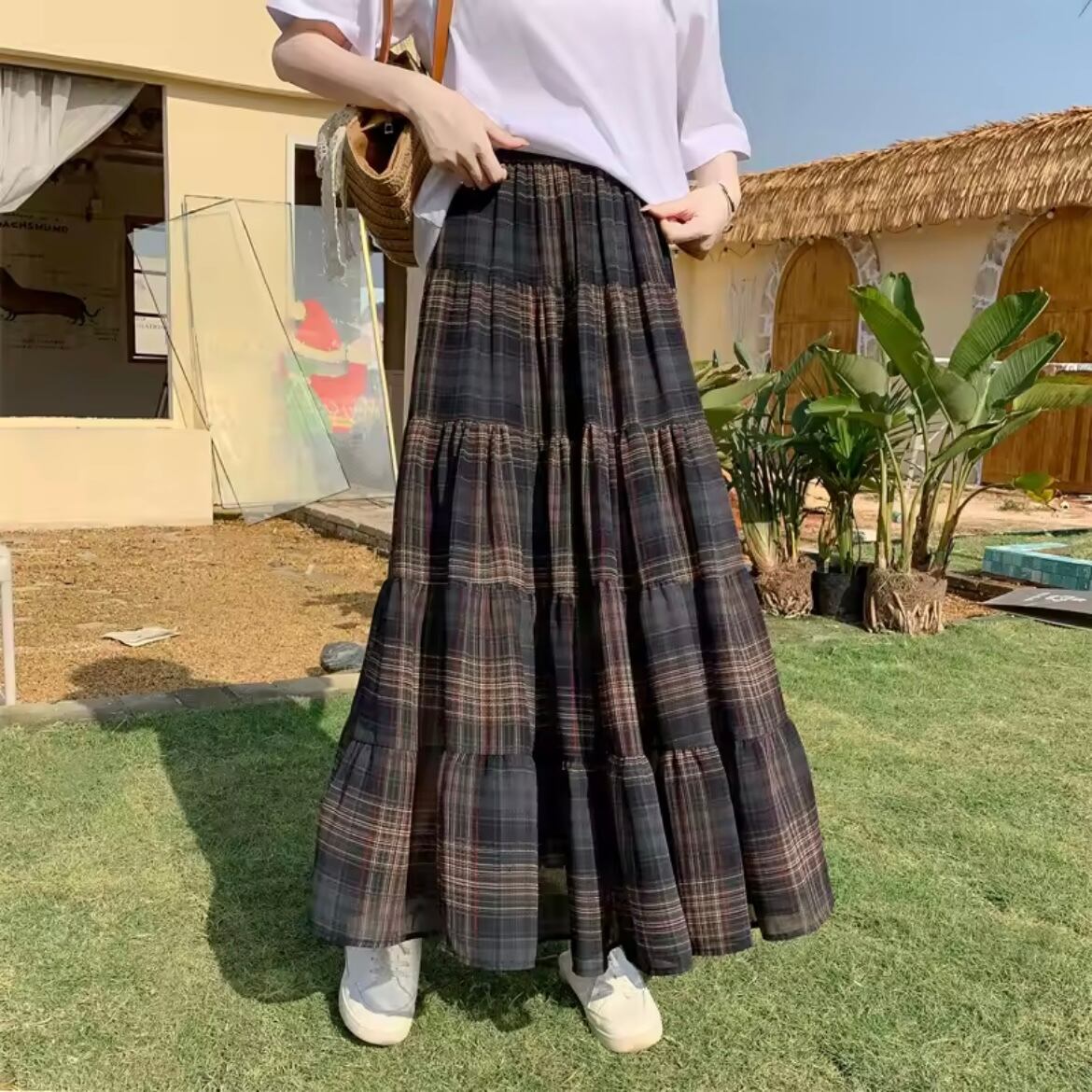brown check chiffon skirt