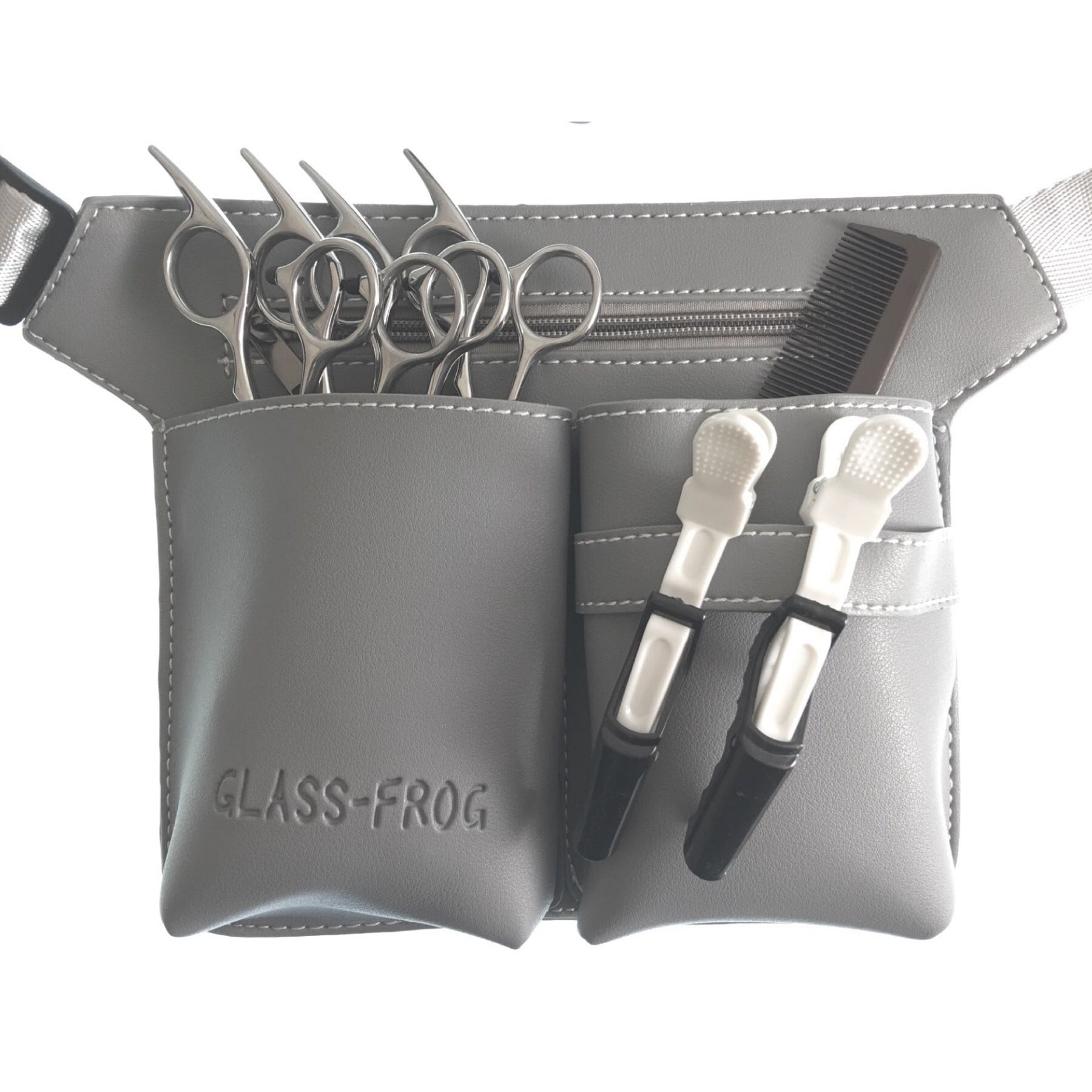 美容師 スタイリスト/シザーケース/本革(グレー) シザーケース グレー ウエストポーチ ハサミ5丁 PUレザー 美容師