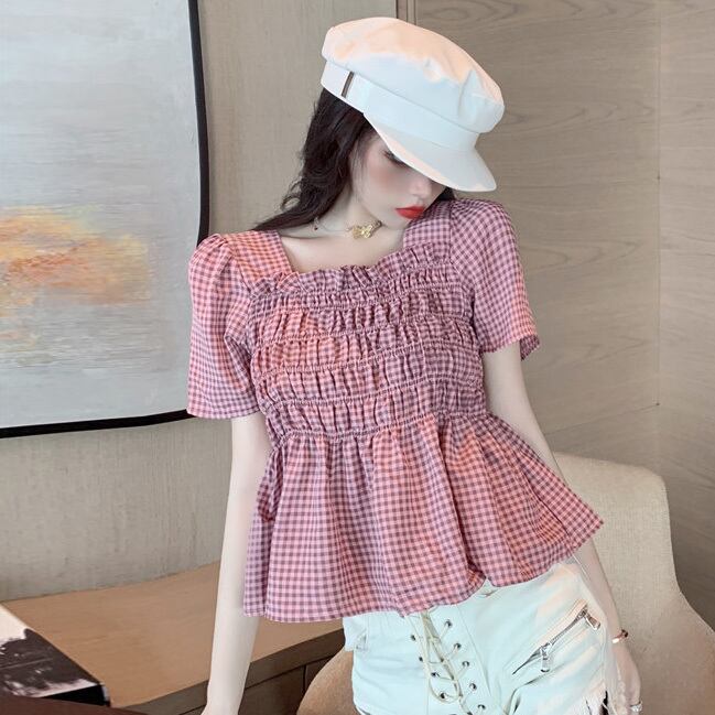 格子柄シャツ レディースサマースタイルスタンダードカラー半袖スリーブスリムブラウス ショート レトロ ハーフスリーブ 夏物 スクウェア ハンチェンe56080991441