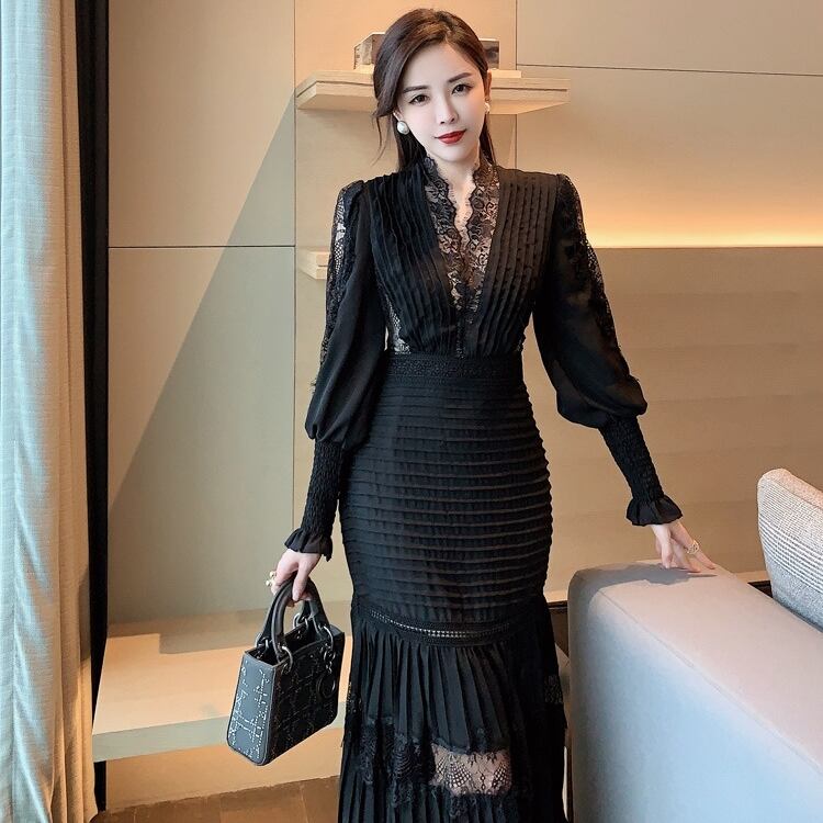 2色 ワンピース ドレス Vネック プリーツ 異素材 レース シアー感 ♪(M9539)★ ζ