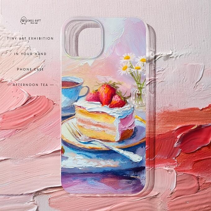 手のひらの中の絵画展~アフタヌーンティー~ 真っ赤な苺のケーキと紅茶 スマホケース iPhone Android クリアケース ハードケース ソフトケース ポリカーボネート TPU