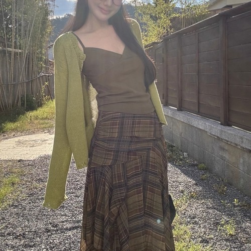 【3点セット】クルーネックニットカーデ＋Vネックキャミ＋チェックイレヘムスカート ・71962