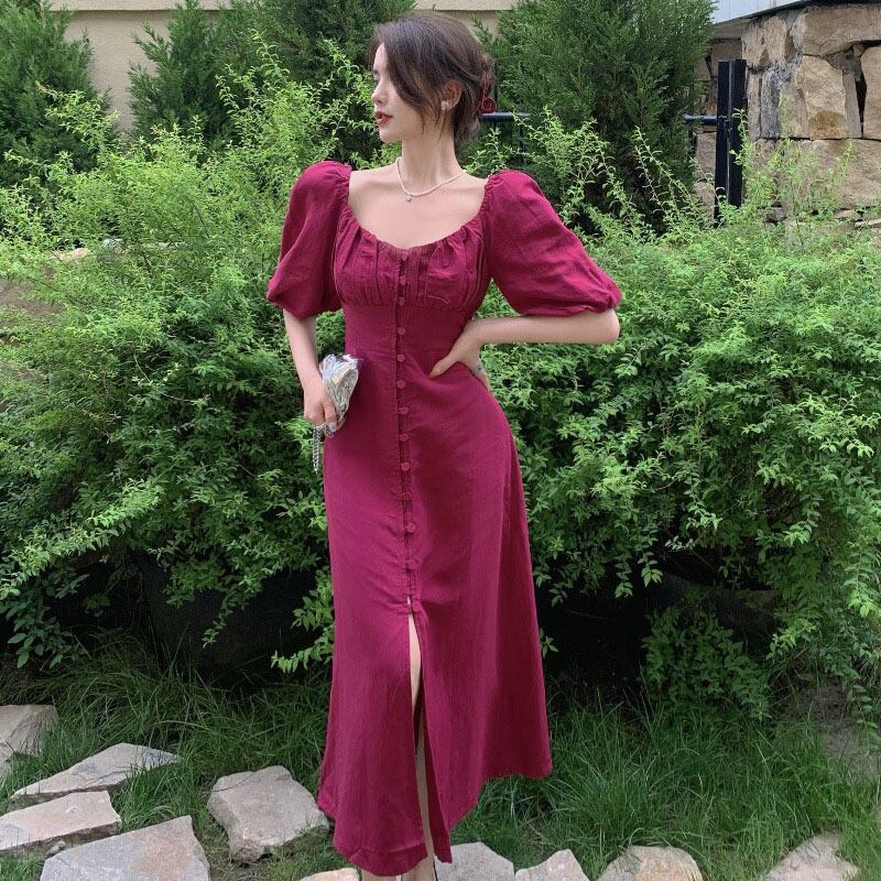 レッドドレス サマースタンダードスリーブカラースカート ウェストスリム レトロ 夏物 スクウェア YY-ファッション42058643611