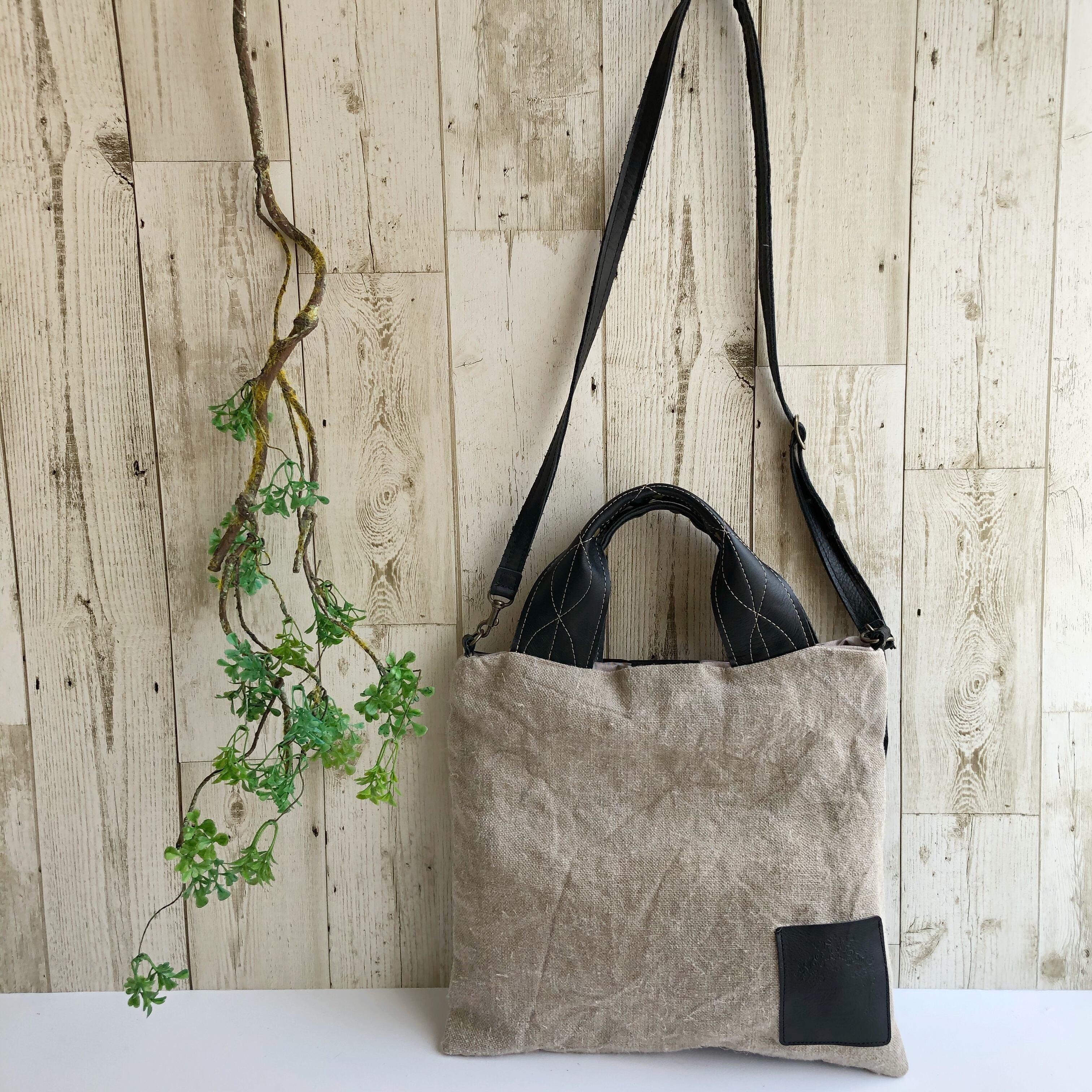 マチなしトート&ポシェット*洗いざらしリネン*ICカードポケット付*本革コンビ