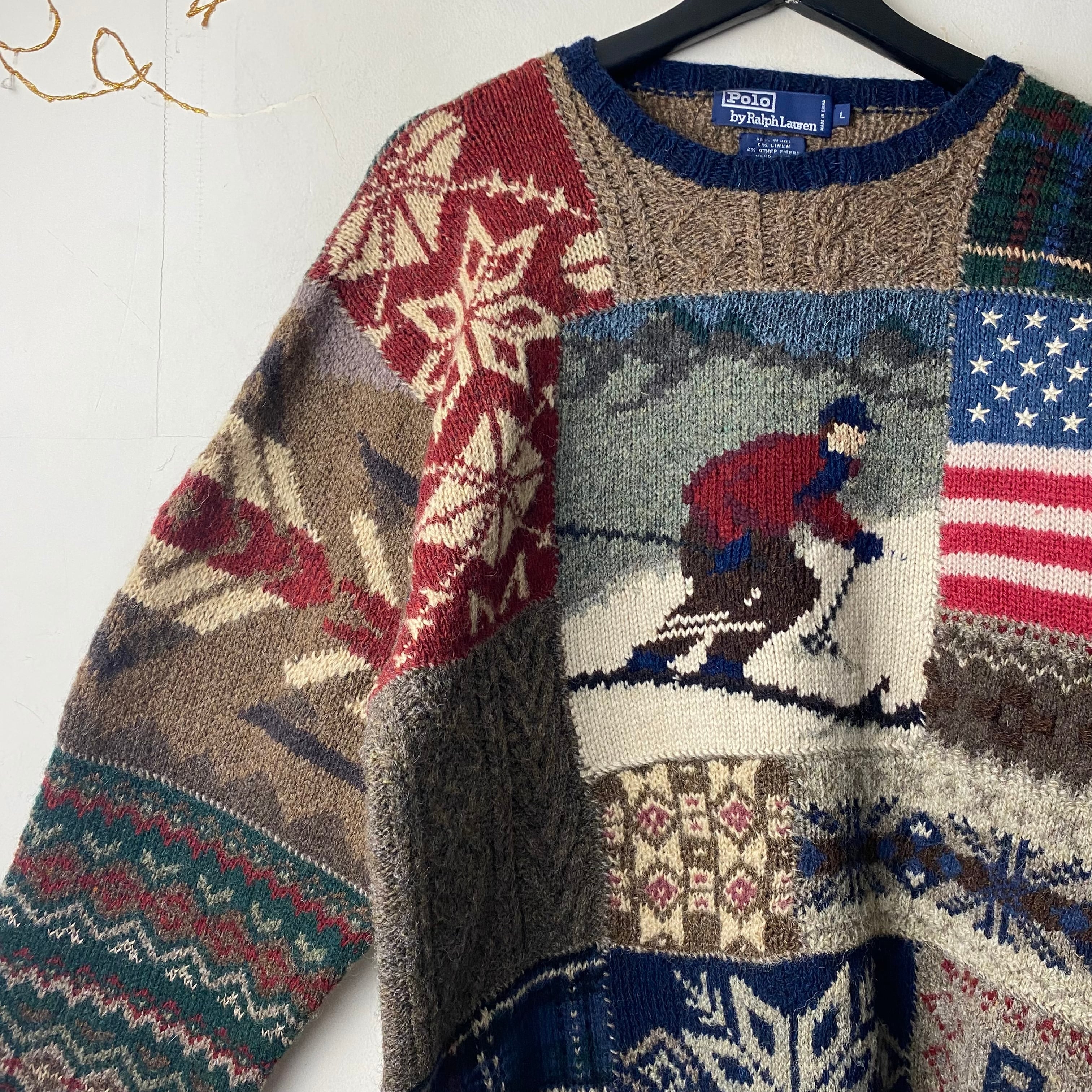 vintage POLO by RALPH LAUREN patchwork pattern hand knit sweater 