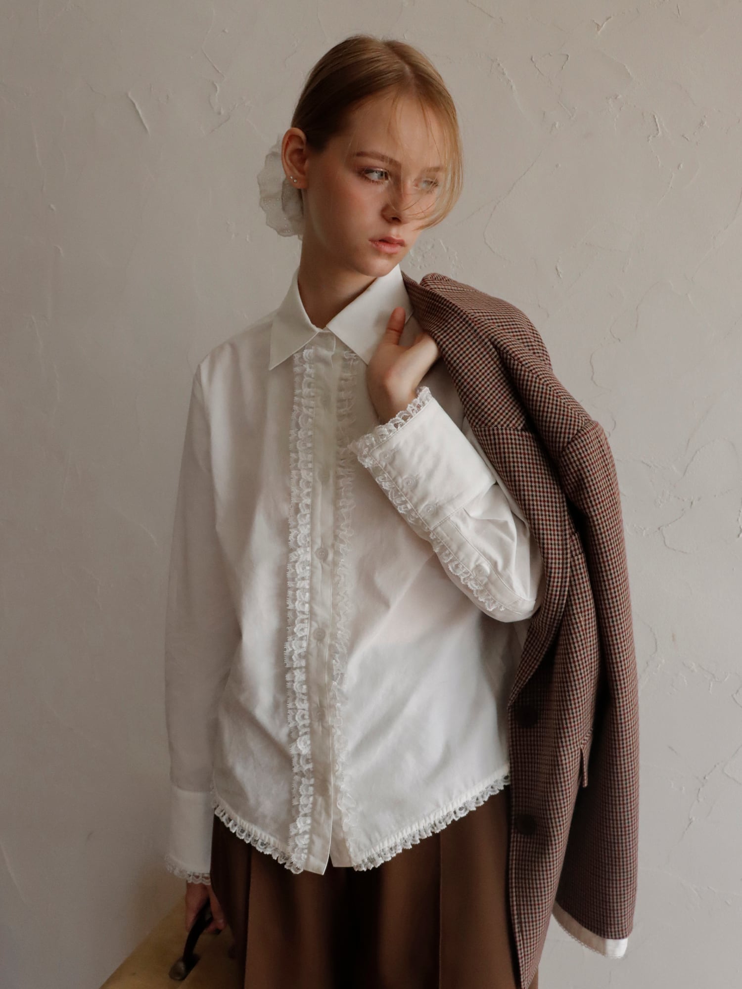 LACE TRIM SHIRTBLOUSE -WHITE- | mieya mieya