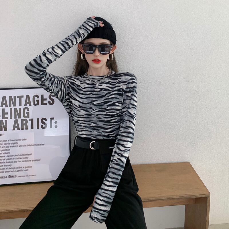 ウエストショートスリムゼブラプリント長袖Tシャツレディース2020秋新作香港スタイルベースシャツトップス ブラックストロベリース92951496867