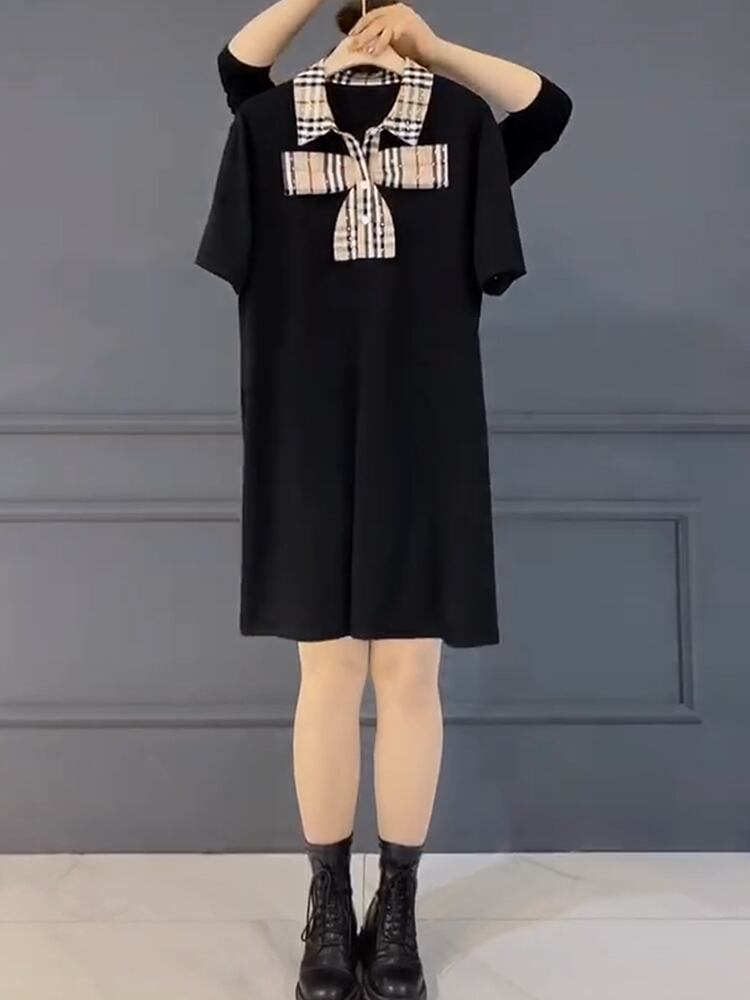 ドレス スプリングスリム格子柄リボン半袖スリーブ ハーフスリーブ 大きめサイズ 大人ガーリー スウィート キュート カジュアル 春物 ミックスインファッション55049184950