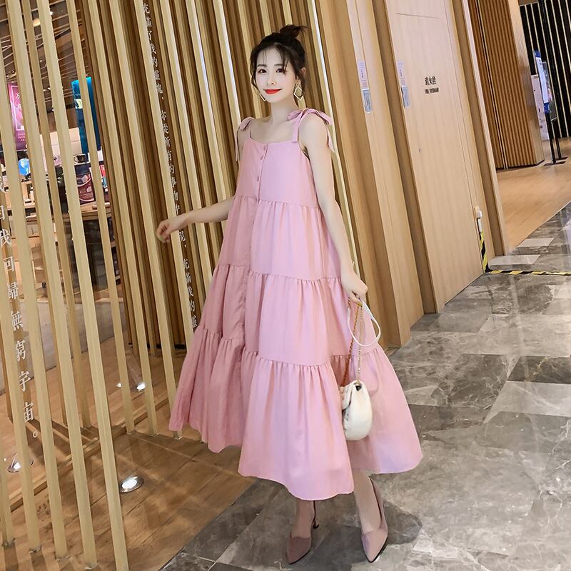 【新作】【送料無料】 マタニティウェア2019夏の新しいノースリーブドレスファッションステッチルーズミドル丈マタニティスリングスカート-アリババ サマー 夏物 expec220420108562