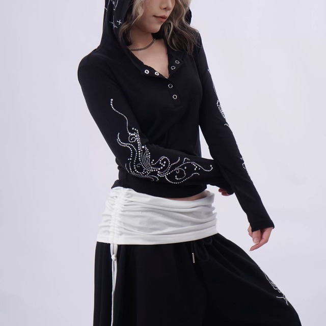 button front long sleeve cropped hoodie la2789
