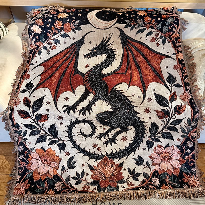 ブランケット 多用途 ドラゴン 龍 物語 お時話 おしゃれ インテリア 北欧 竜 160cm x 130cm ラグ フリンジ ソファー カバー マルチ カバー 長方形 ひざ掛け 肩掛け 毛布 カーペット 絨毯