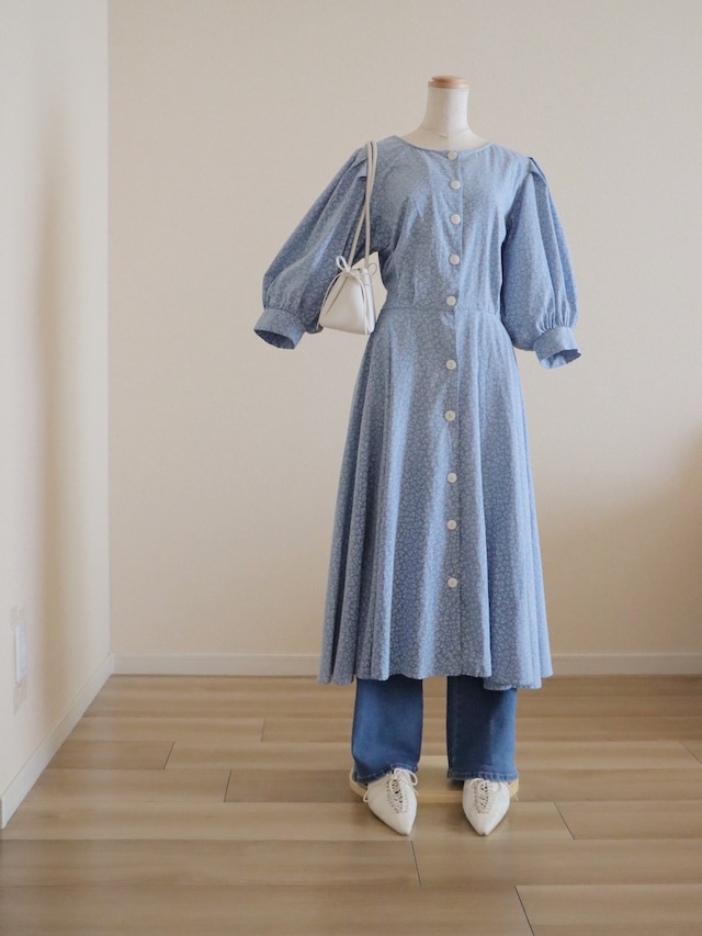 ●80s made in USA blue color flower & puff sleeve design cotton long dress