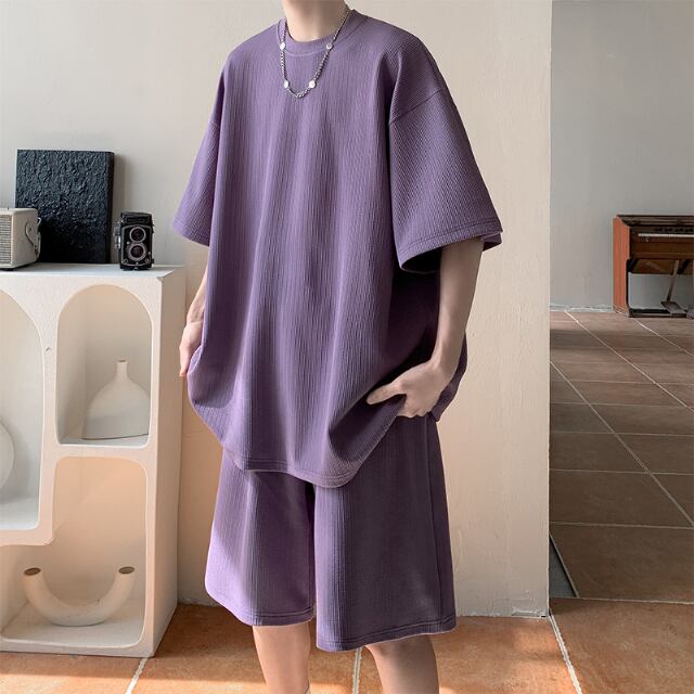 【予約販売】メンズ セットアップ 上下 半袖 ハーフパンツ グレー/ブラック/ホワイト/パープル シンプル ストリート 部屋着 韓国 ジム スポーツウエア カジュアル 春 夏 大きいサイズ M/L/XL/2XL