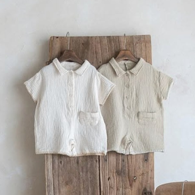 【BABY】韓国風　しわ無地半袖オールインワン