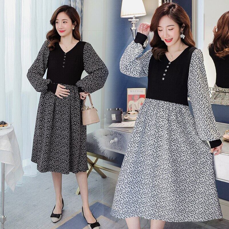 【新作】【送料無料】 2105＃2021春のマタニティドレスVネックパッチワーク服妊娠中の女性花柄妊娠 スプリング 春物 AL expec42141215368