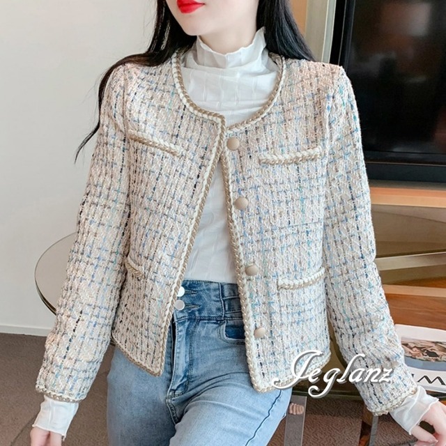 2色 ツイード ニット ジャケット 三つ編み トリミング クラス感 （MA672）τ