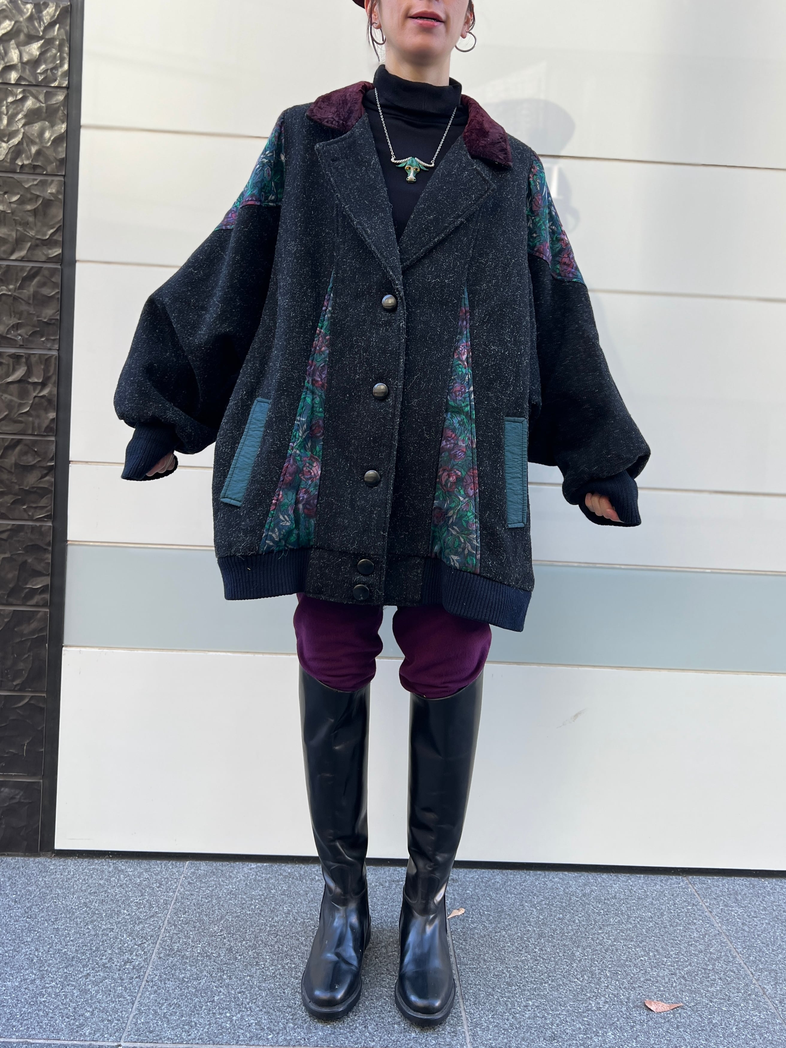 あ*様 80s Vintage USA製 ドルマン ウールコート 80s dolman sleeve black wool × floral switching Coat