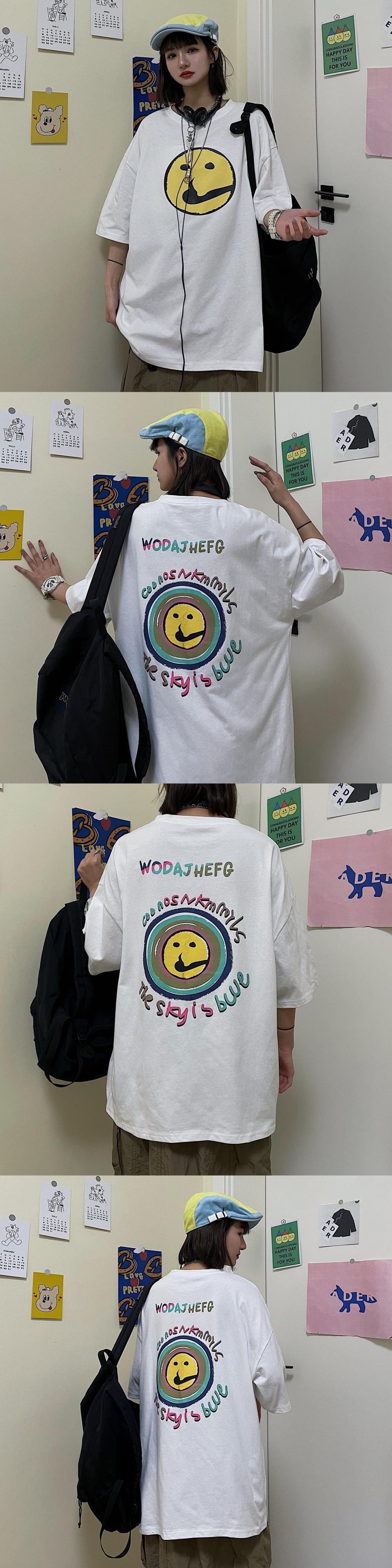 送料無料】KOREA スマイル柄プリントルーズTシャツ トップス メンズ