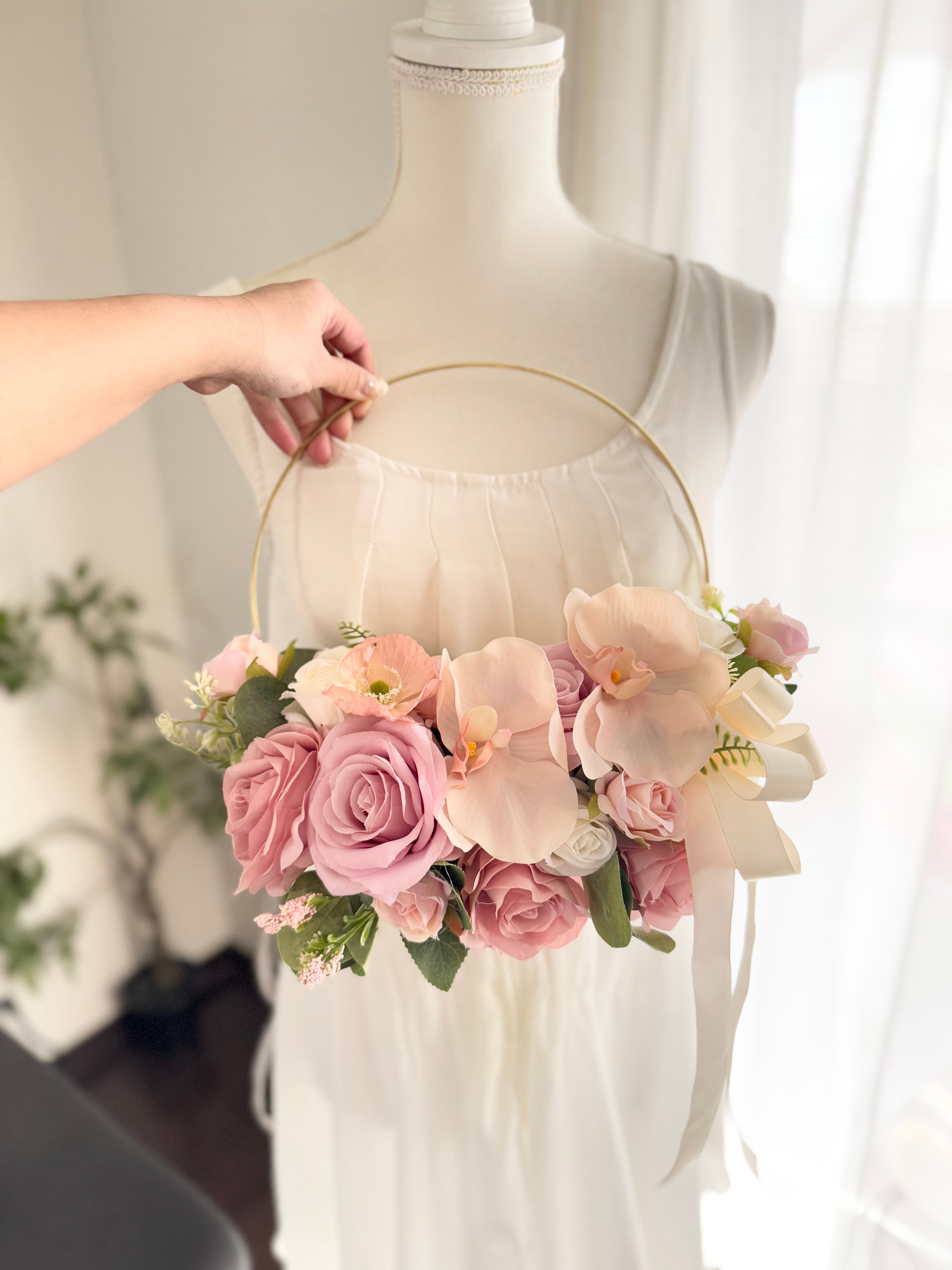 ピンク系　フープブーケ　ブートニア　2点セット　結婚式　春婚　パール ピンク系 フープブーケ ブートニア 2点セット 結婚式 春婚 パール