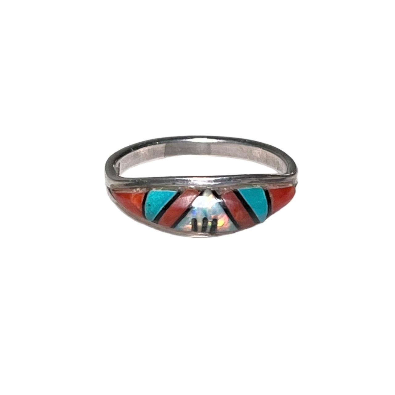 zuni silver opal & coral & turquoise inlay ring