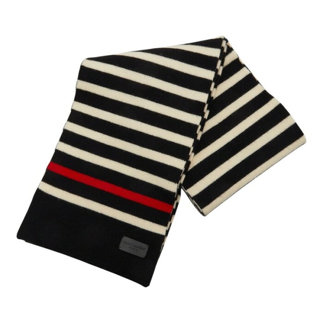 サンローラン ボーダー マフラー ブラック ホワイト レッド ウール レディース SAINT LAURENT 【中古】